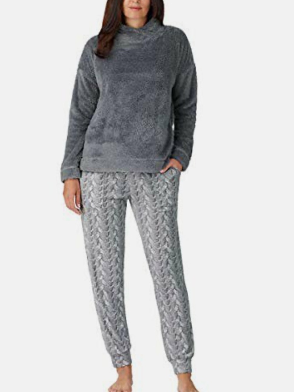 Jane and Bleecker Plush Pullover & Knit-Look Jogger Pajama Set - Gray